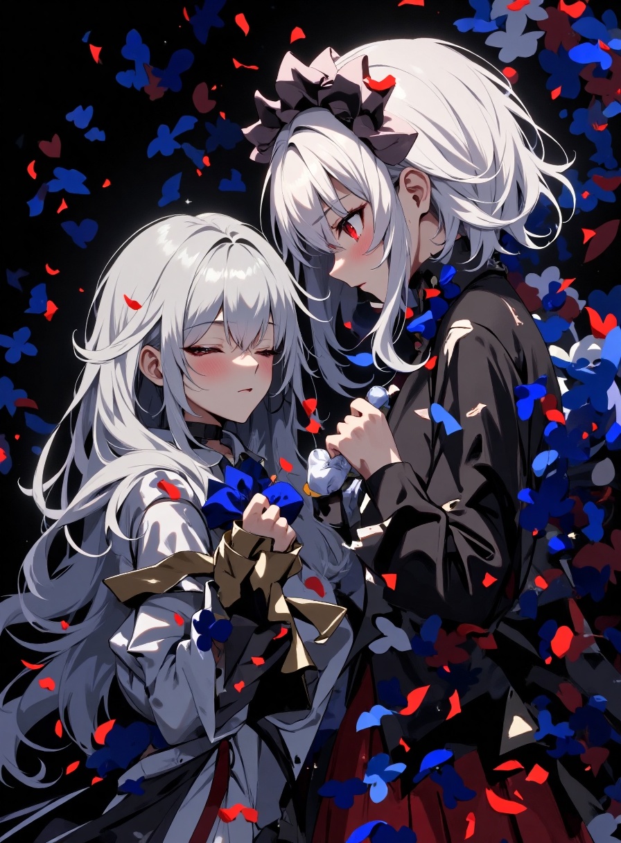 two female characters with white hair and red eyes. The character on the left has long hair,  wearing a white outfit,  and...