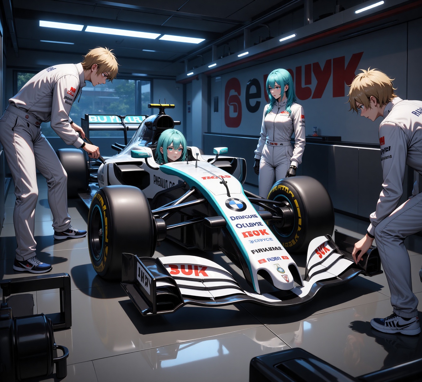 This artwork by ry012 captures a Formula 1 car in a high-tech garage. The car is sleek and modern,  adorned with sponsor l...