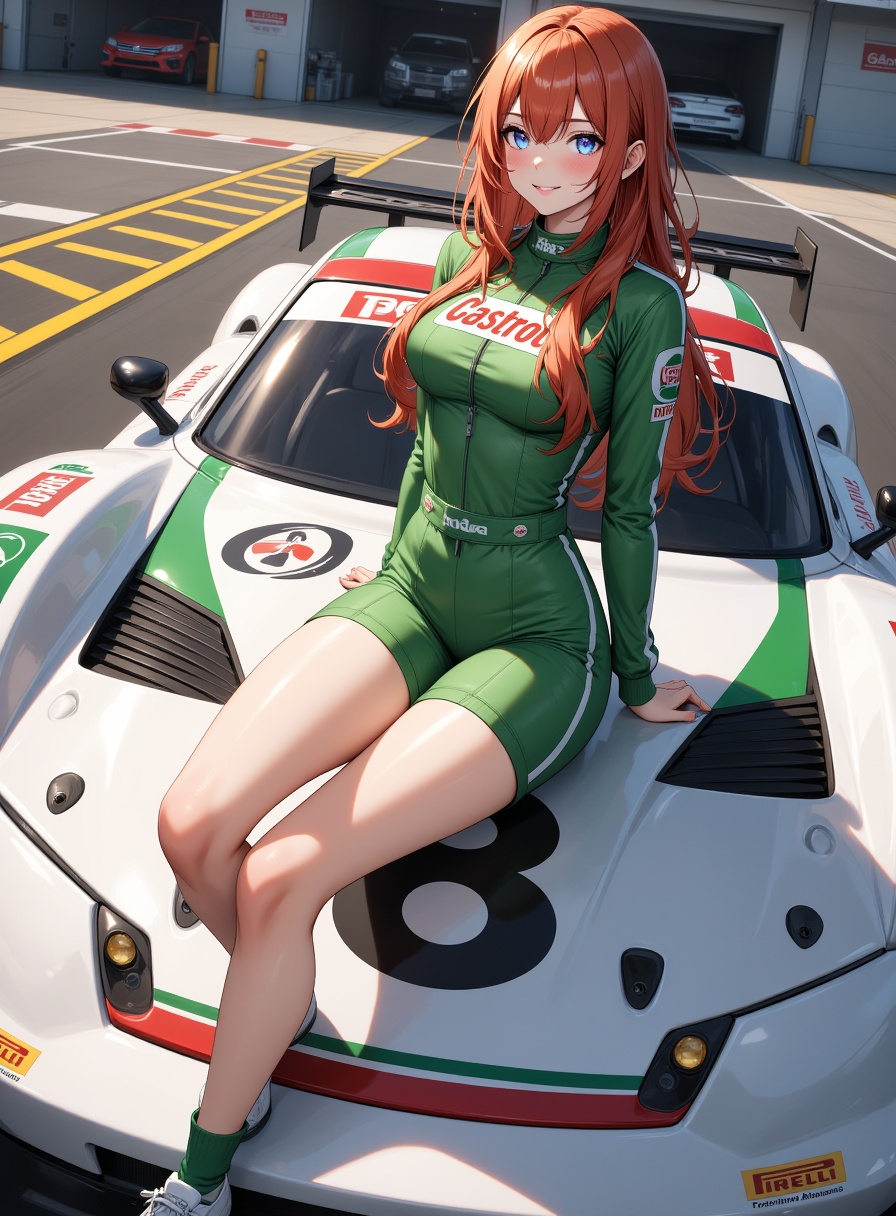 A young woman sitting on the front hood of a sleek,  white sport car with green and red accents. She has long,  auburn hai...