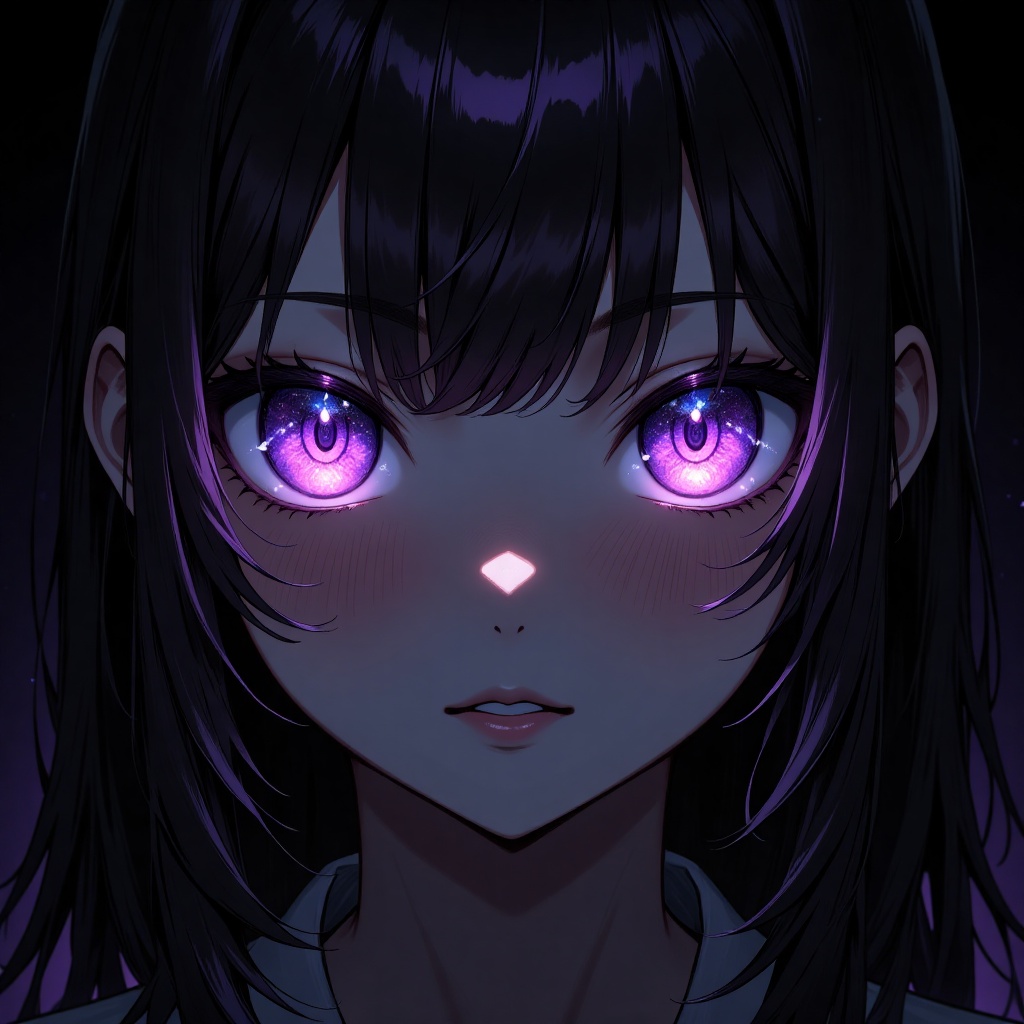 artwork by ry012. In a shot framed by a deep,  inky blackness,  a single girl stands out with piercing purple eyes that sh...