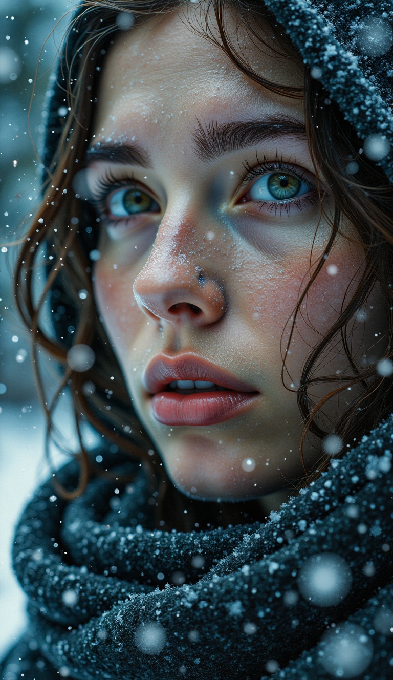 This extreme close-up,  hyper-realistic editorial photograph captures a woman with a pale,  melancholic expression. Snowfl...
