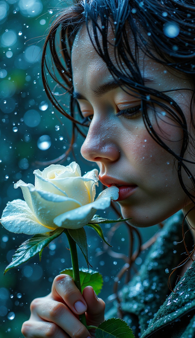 A young woman with wet,  dark hair gently sniffs a white rose,  her face glistening with water droplets. Cool blue lightin...