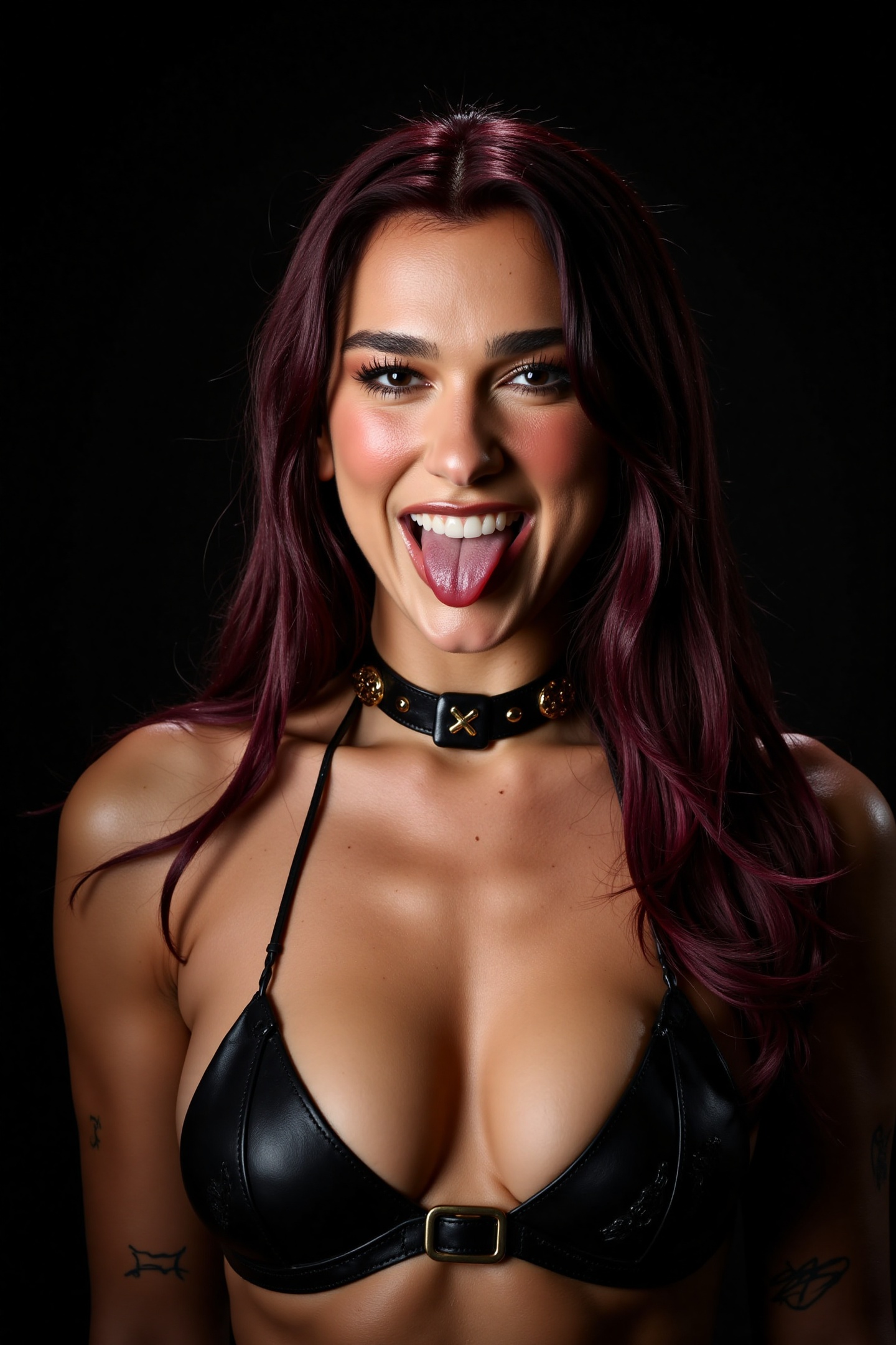 Portrait of a gorgeous woman named DuaL1pa with open lush breasts,  a thin leather bra,  waist-length. The woman playfully...
