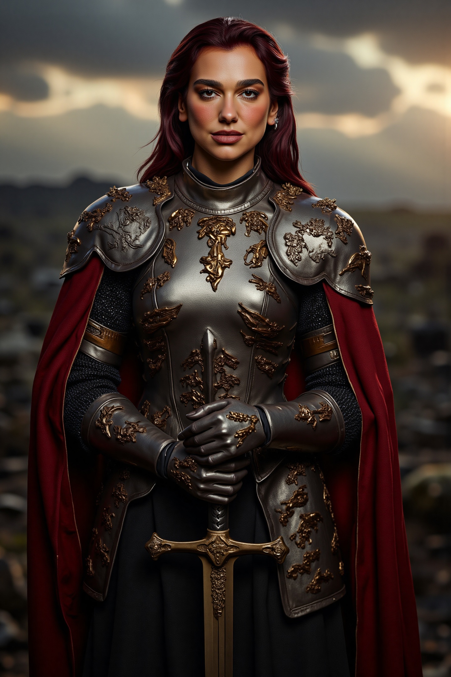 A charismatic medieval portrait of DuaL1pa as a warrior queen,  clad in detailed silver armor adorned with intricate engra...
