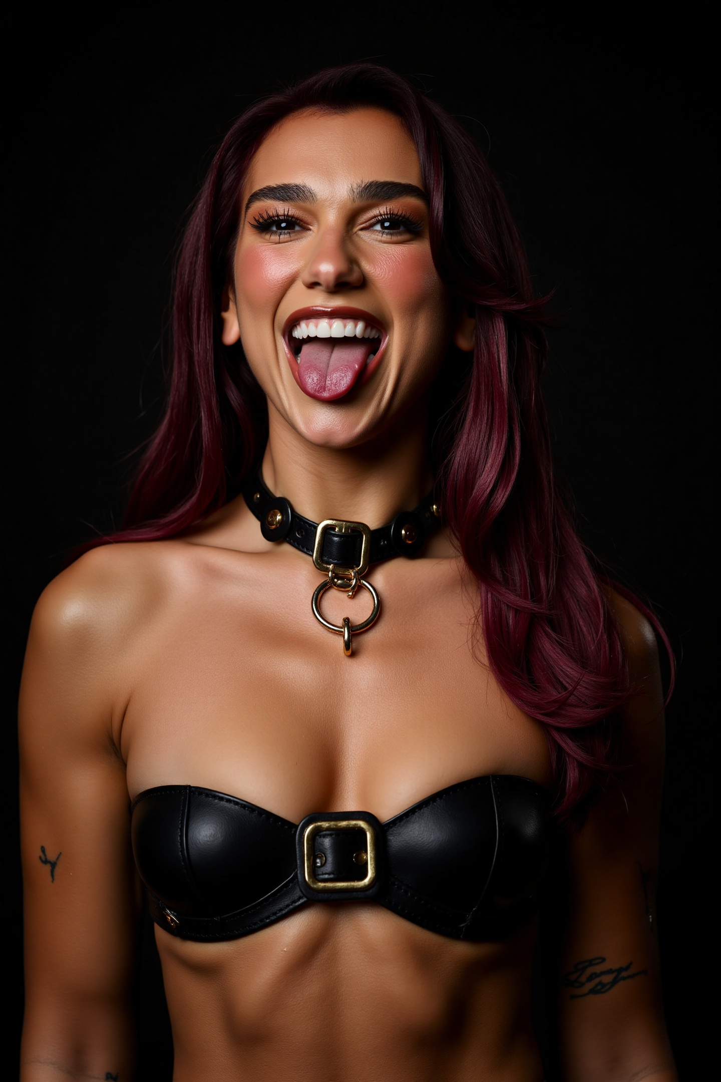 Portrait of a gorgeous woman named DuaL1pa with open lush breasts,  a thin leather bra,  waist-length. The woman playfully...