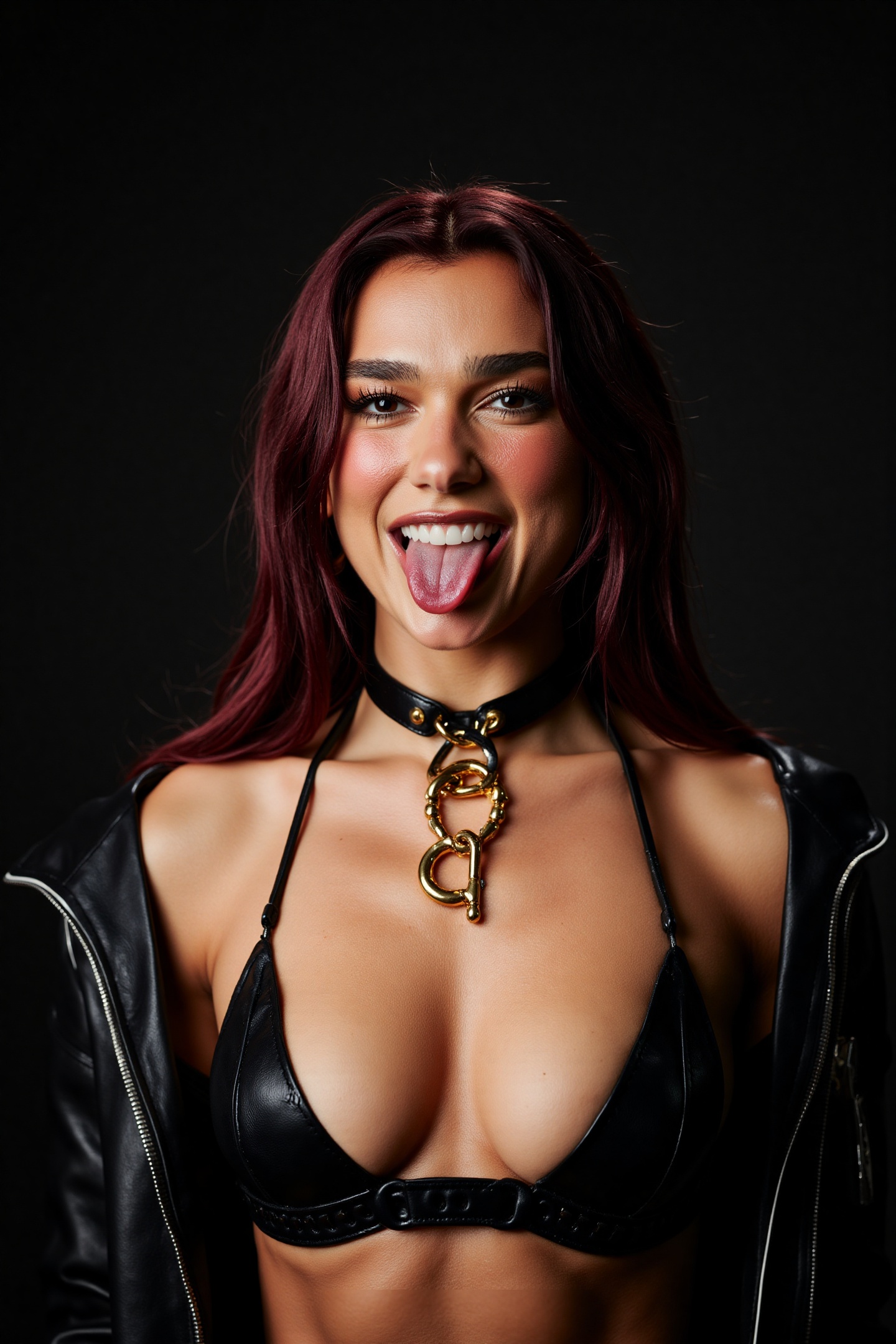 Portrait of a gorgeous woman named DuaL1pa with open lush breasts,  a thin leather bra,  waist-length. The woman playfully...