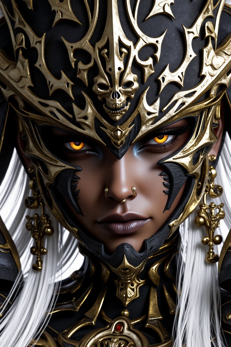 This image features a close-up of a fierce character with an intricately designed helmet and armor. The character has dark...