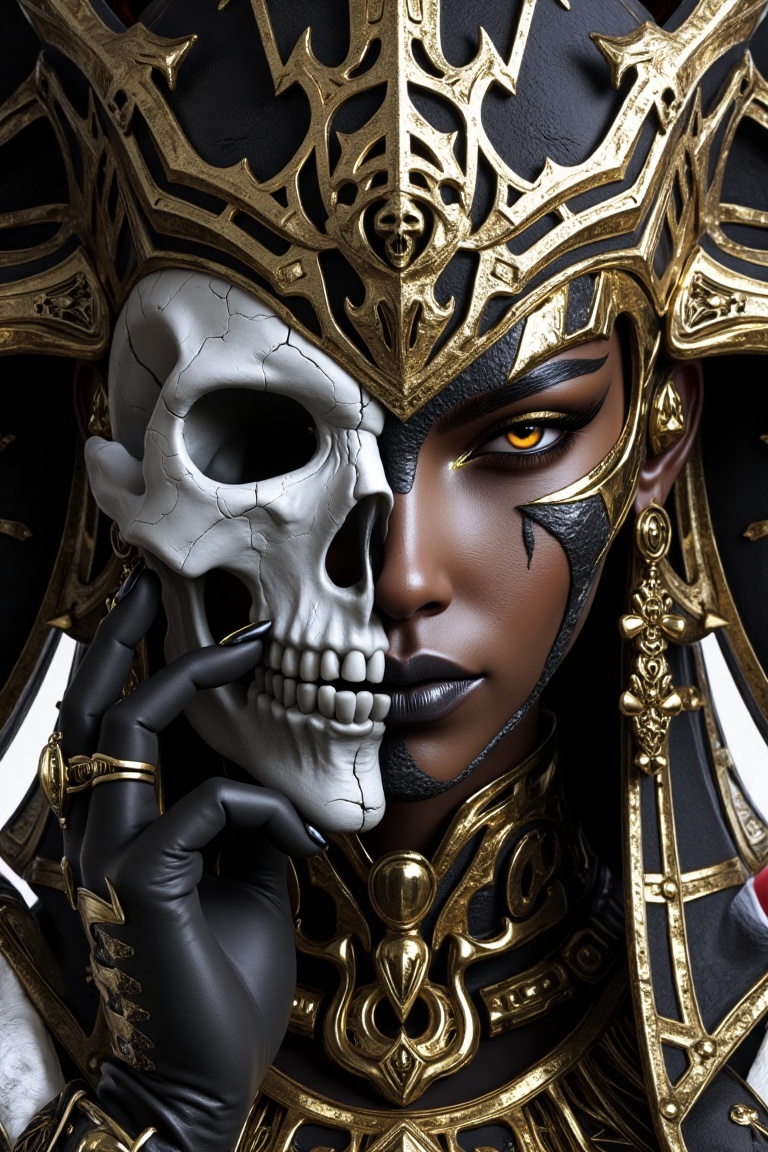 Close-up portrait of a character with a dramatic,  symbolic mask. One side of the face features a cracked white skull,  de...