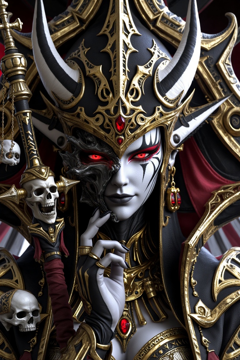 This image depicts a dark and regal sorceress,  a queen of the underworld whose presence commands both awe and terror. Her...