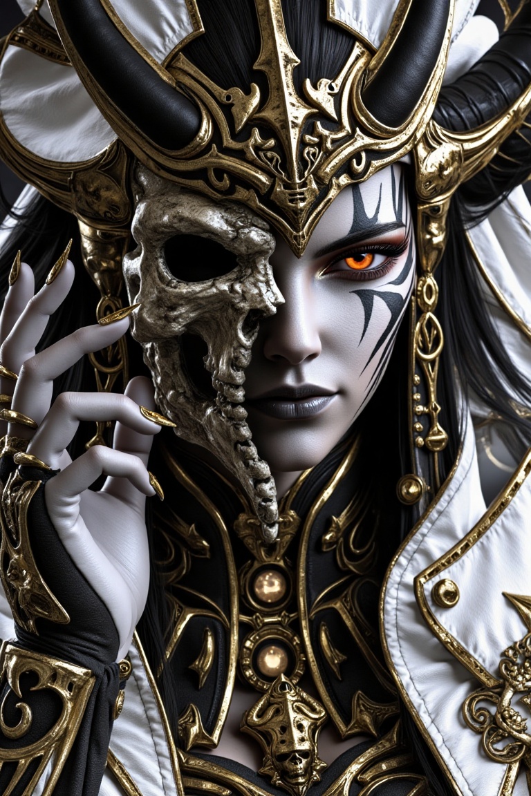 This image presents a striking character with a dynamic visual split down the center. On one side,  the character wears a...