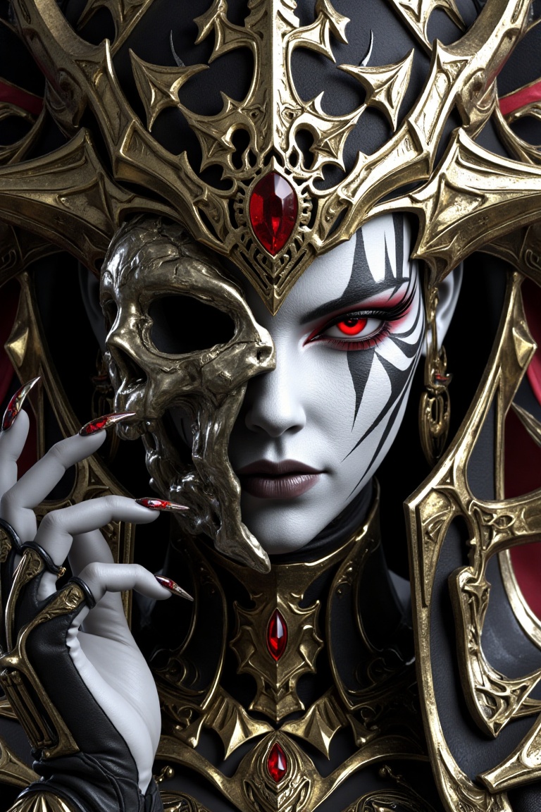 This image portrays a striking and enigmatic figure,  blending elements of gothic fantasy and dark regality. The subject i...