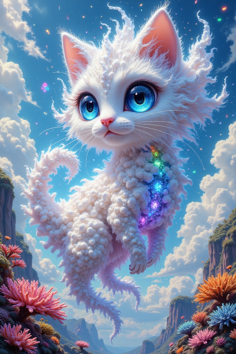 A captivating painting of a majestic cloud cat soaring gracefully through the sky,  its body made of fluffy white clouds a...