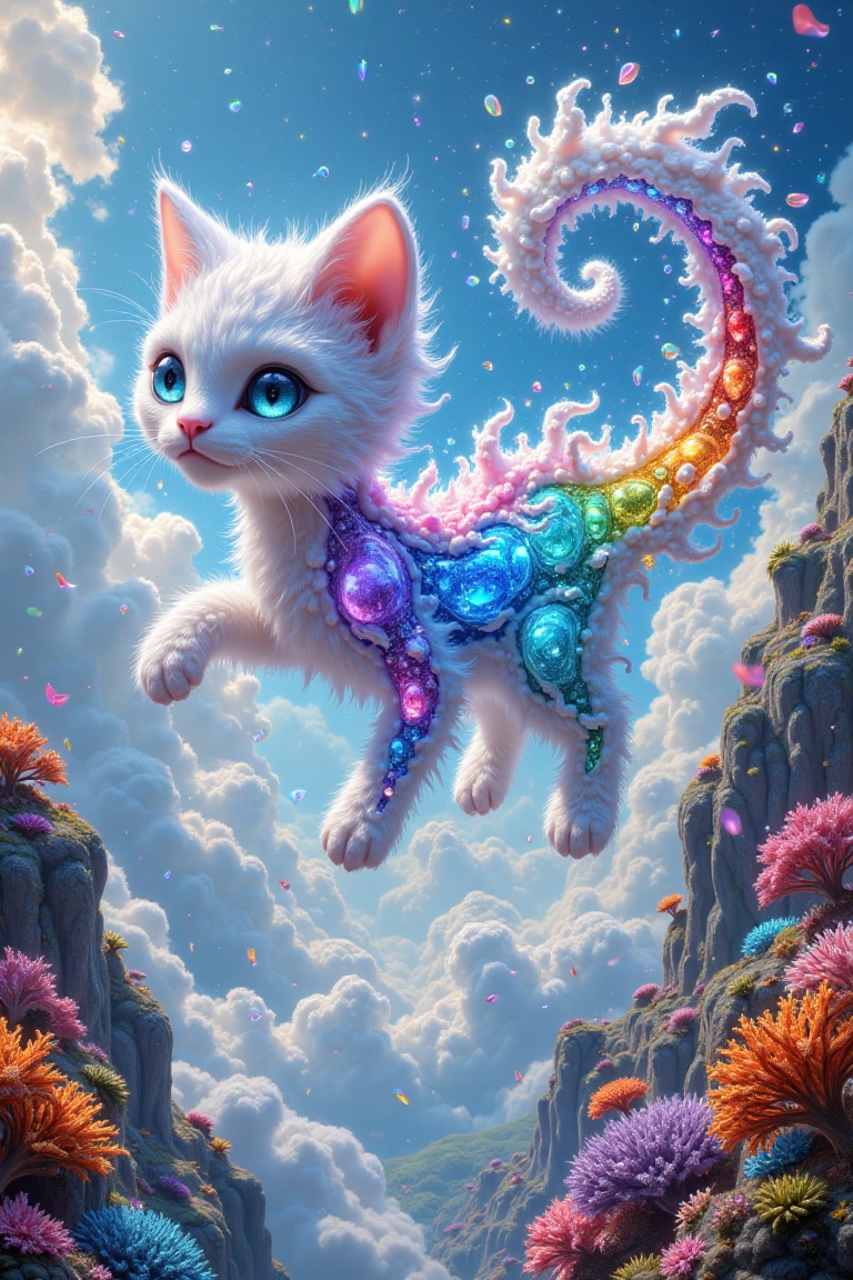 A captivating painting of a majestic cloud cat soaring gracefully through the sky,  its body made of fluffy white clouds a...