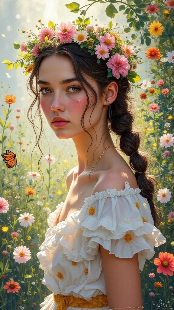 A whimsical dreamscape featuring a young woman adorned with a delicate floral crown,  surrounded by a lush array of flower...