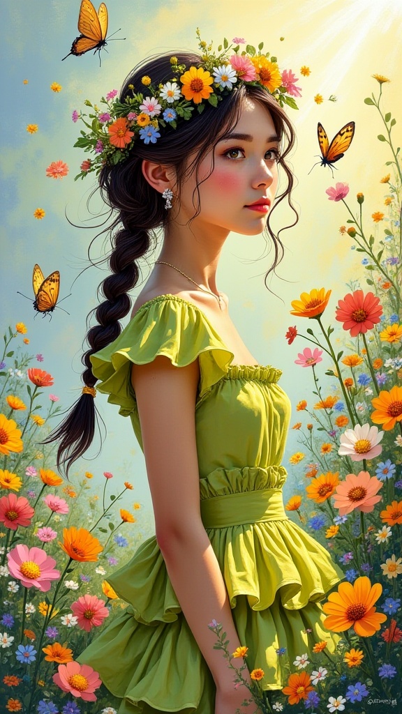 A whimsical dreamscape with a young woman in a delicate floral crown,  standing among vibrant flowers. Her loose braid and...