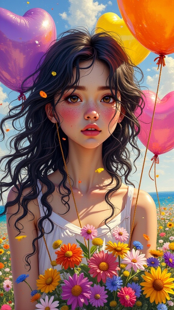 A vibrant and whimsical portrait features a young woman with milky white skin,  freckles,  vivid brown eyes on Tensor.Art