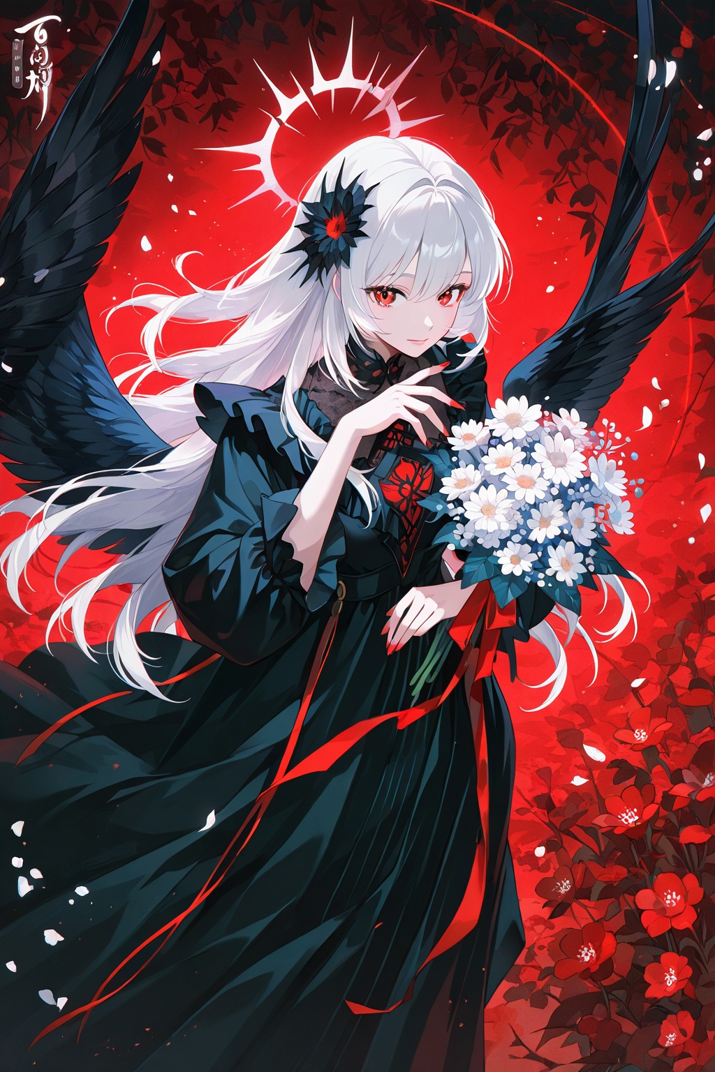 Spreading the petal wings,  a beautiful woman with her hair down with a bouquet of flowers,  1girl on Tensor.Art