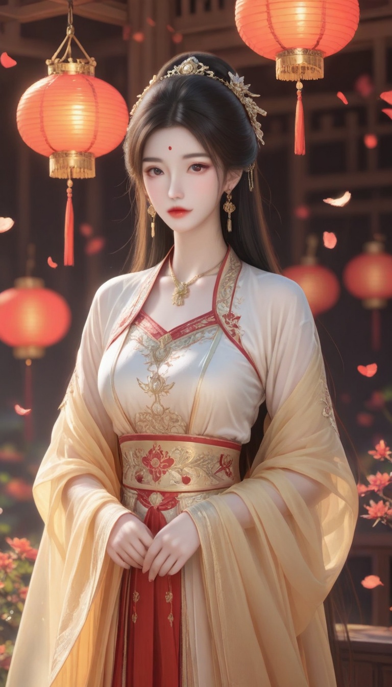 A serene,  warmly lit scene: a person radiates elegance in a flowing light-colored dress with intricate red and gold embro...
