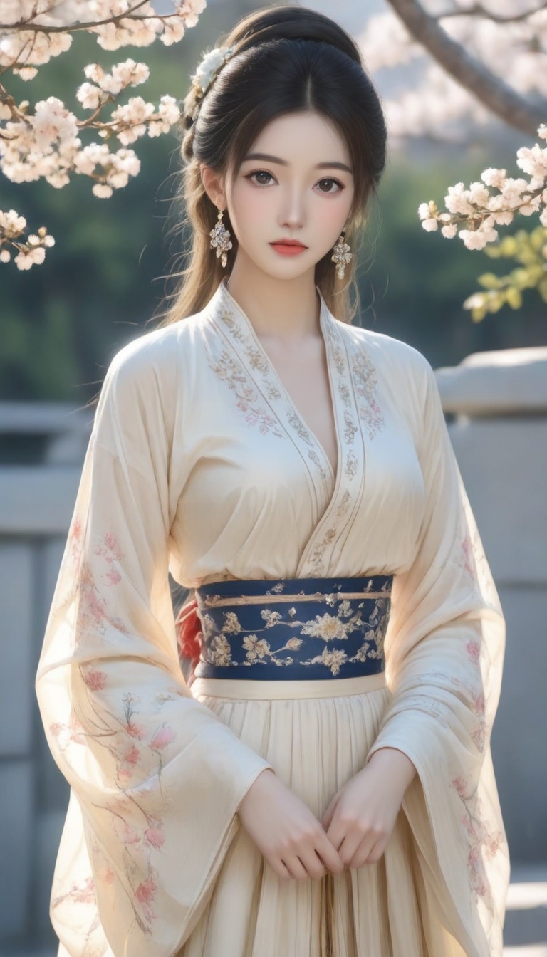 The image depicts a person dressed in traditional attire,  standing in front of a backdrop of blooming cherry blossoms. Th...