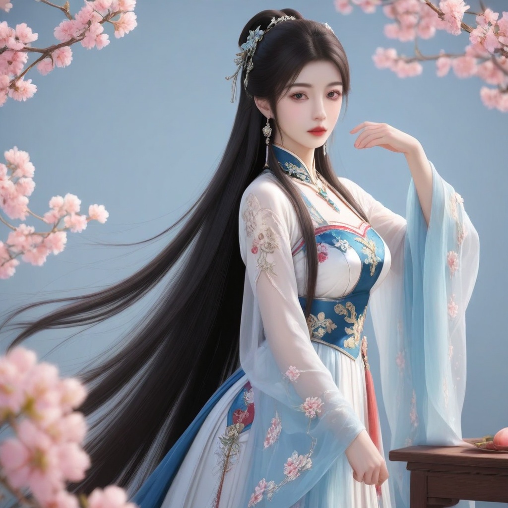 A serene traditional Chinese woman,  donning a stunning Hanfu-inspired outfit,  poses elegantly against a floral backdrop...