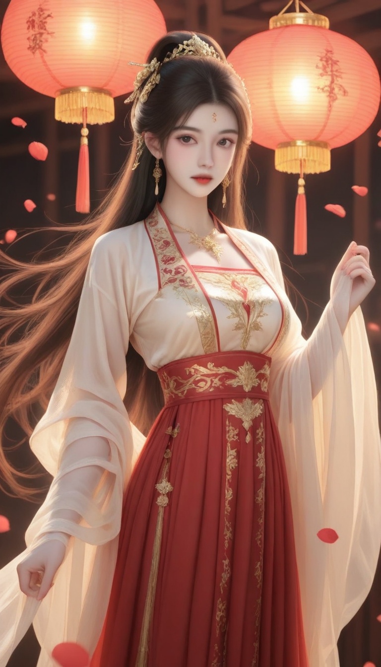 A serene,  warmly lit scene: a person radiates elegance in a flowing light-colored dress with intricate red and gold embro...