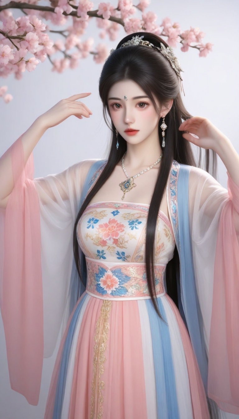 A serene traditional Chinese woman,  donning a stunning Hanfu-inspired outfit,  poses elegantly against a floral backdrop...