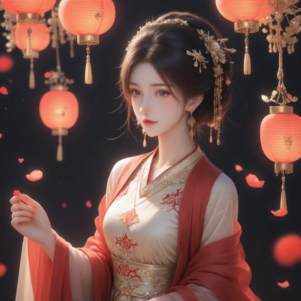 A serene,  warmly lit scene: a person radiates elegance in a flowing light-colored dress with intricate red and gold embro...