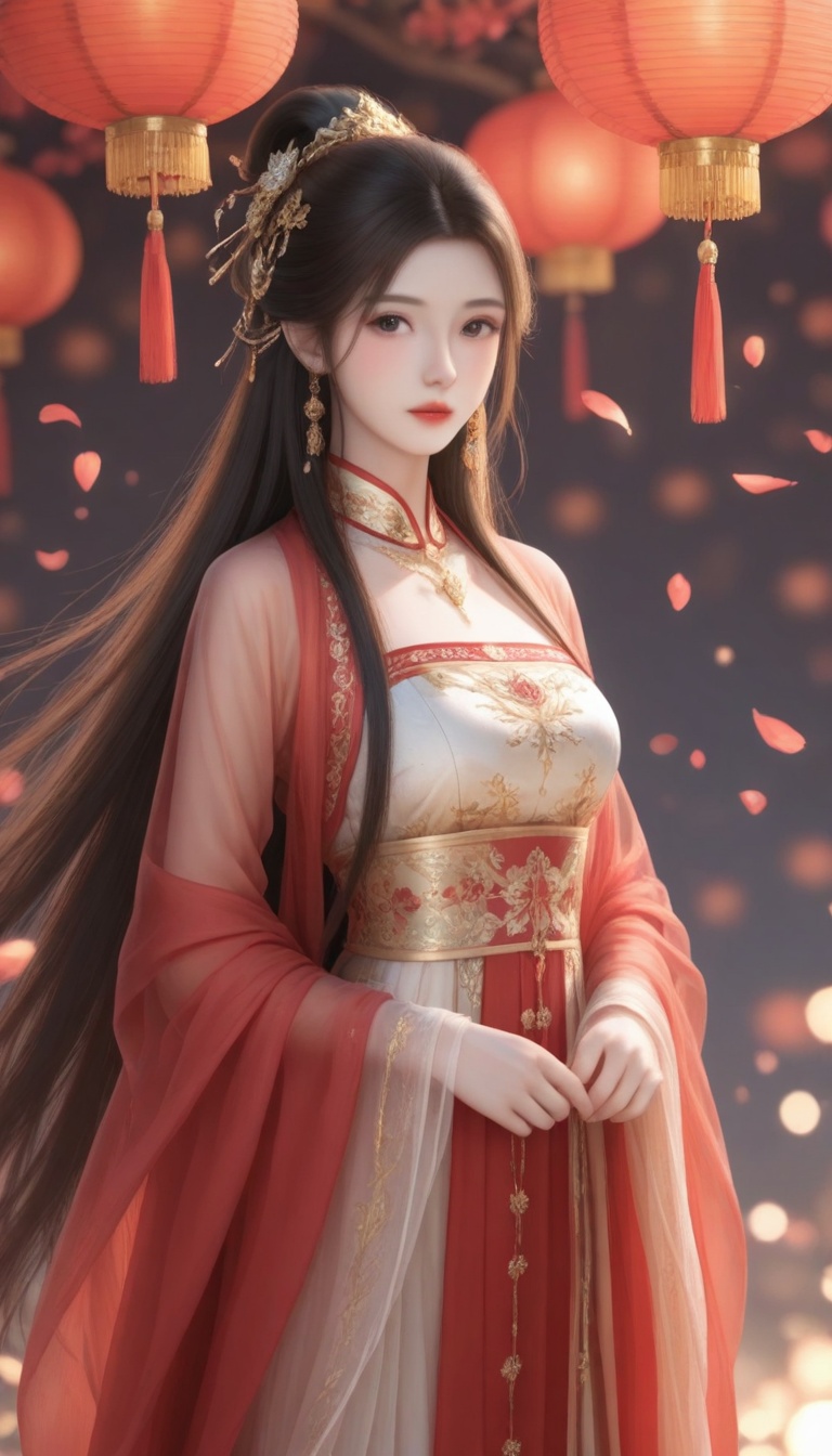 A serene,  warmly lit scene: a person radiates elegance in a flowing light-colored dress with intricate red and gold embro...