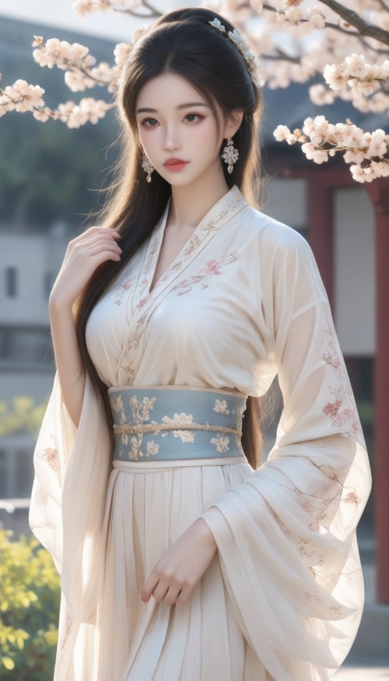 The image depicts a person dressed in traditional attire,  standing in front of a backdrop of blooming cherry blossoms. Th...