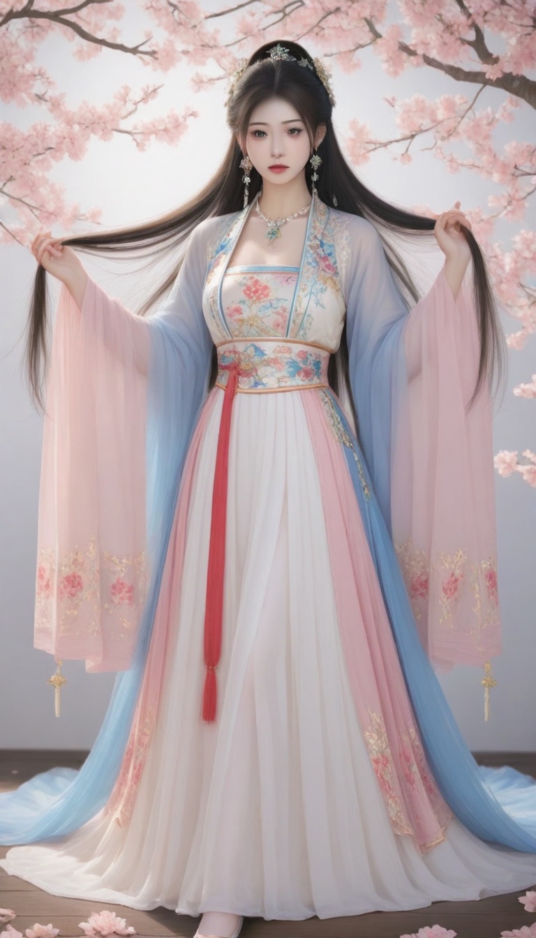 A serene traditional Chinese woman,  donning a stunning Hanfu-inspired outfit,  poses elegantly against a floral backdrop...