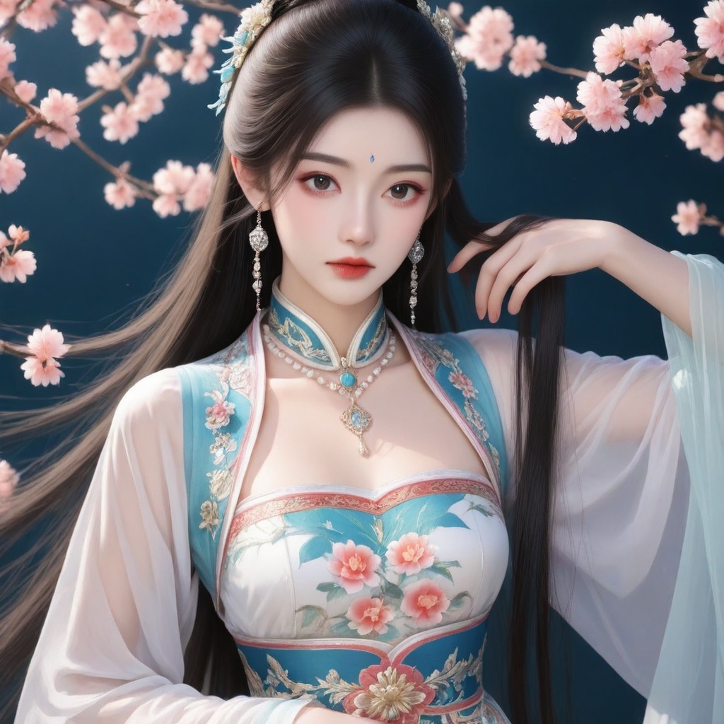 A serene traditional Chinese woman,  donning a stunning Hanfu-inspired outfit,  poses elegantly against a floral backdrop...