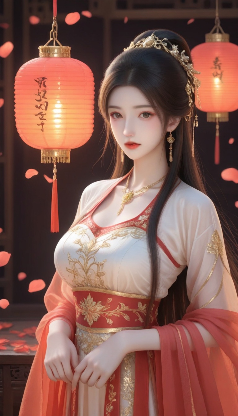 A serene,  warmly lit scene: a person radiates elegance in a flowing light-colored dress with intricate red and gold embro...