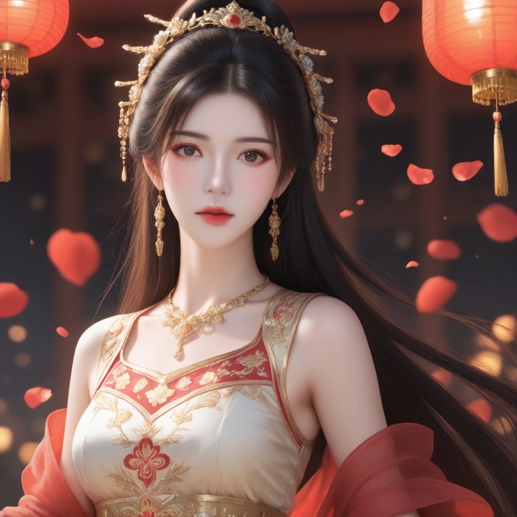 A serene,  warmly lit scene: a person radiates elegance in a flowing light-colored dress with intricate red and gold embro...