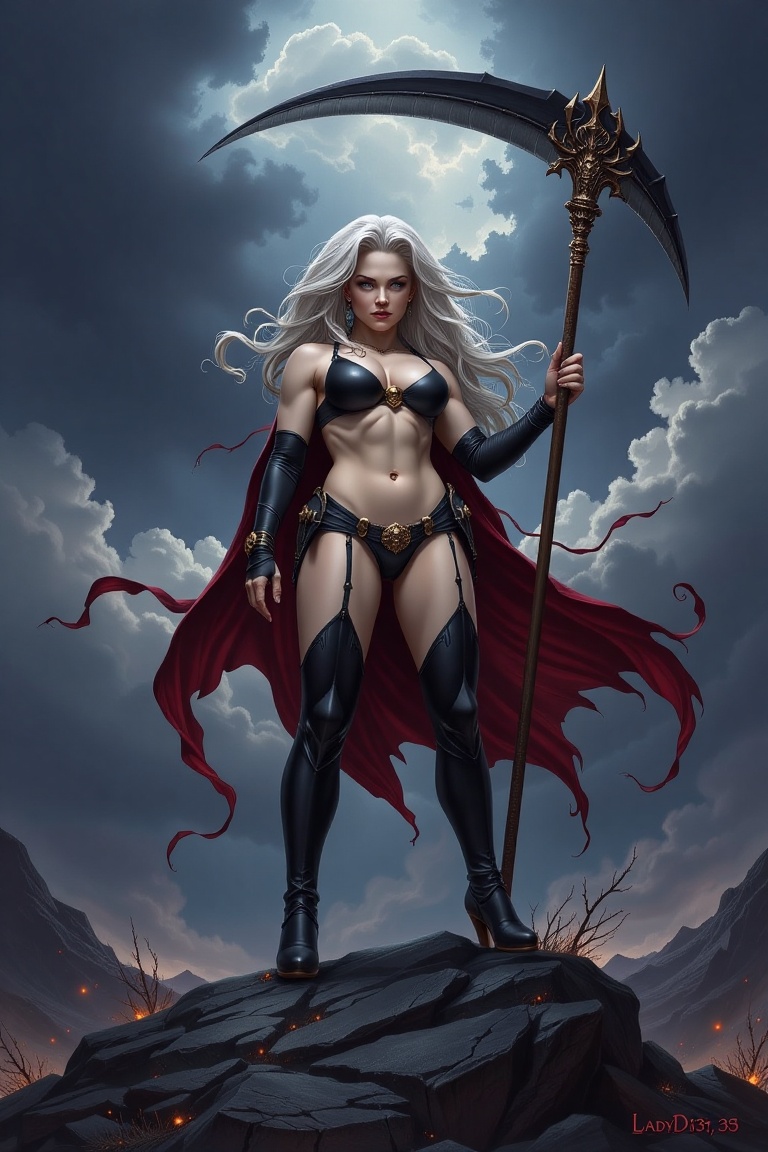 L@dyD3@th The image depicts Lady Death standing on a dark rocky surface. She is dressed in a black outfit including a blac...
