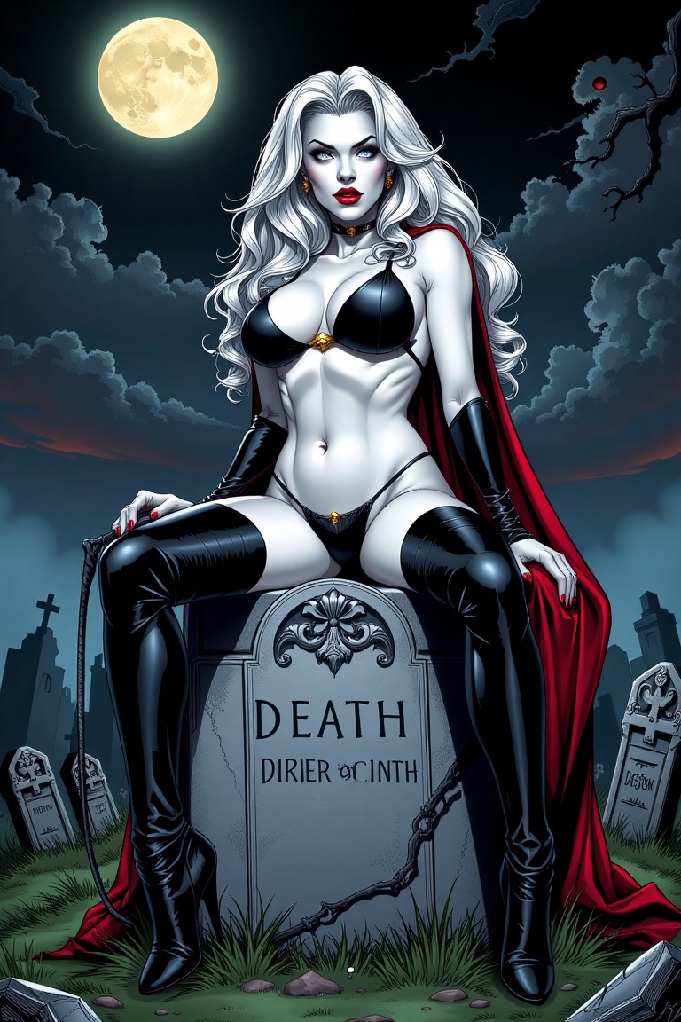 L@dyD3@th The image depicts Lady Death wearing a black bikini top and black leggings and a red cape. She is seated on a st...