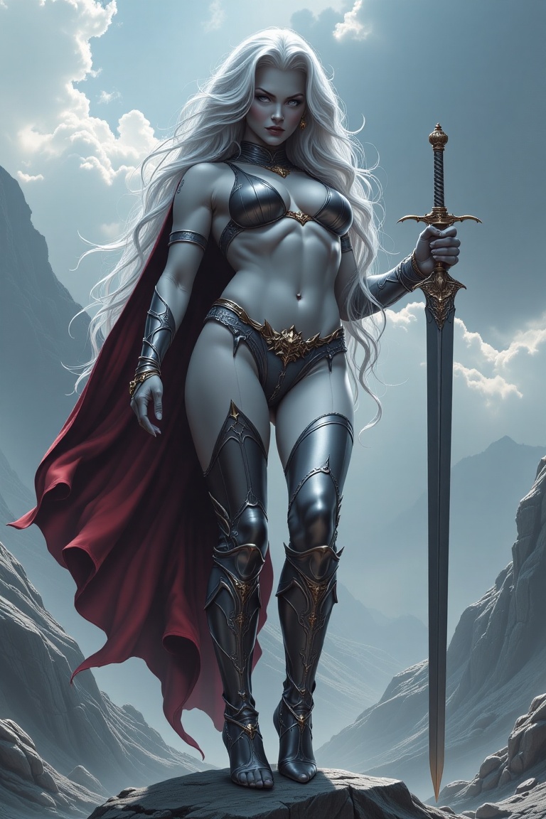Expressed in amazing 32K ultra-high resolution and highest quality,  exteme close up of Lady death is standing on a rock,...