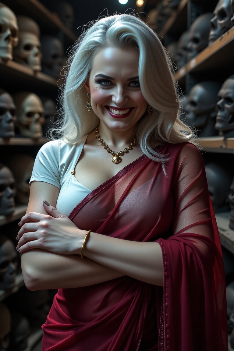 xtreme close up raw photo taken by a telephoto lens of highest quality shows lady death smiling evilly. She is wearing a t...