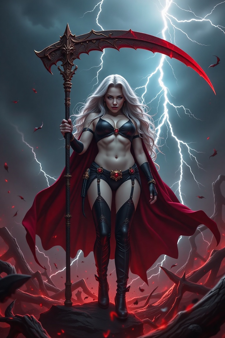 raw photo taken by dslr in amazing 32K ultra-high resolution and highest quality The image depicts Lady Death standing ami...