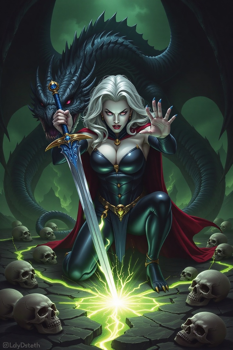 L@dyD3@th The image depicts lady death kneeling on the ground wielding a dagger with a blue and white hilt with both hands...