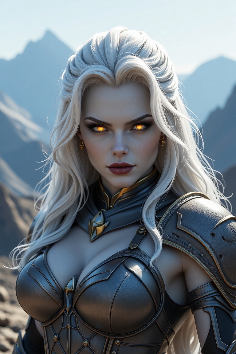 Expressed in amazing 32K ultra-high resolution and highest quality,  exteme close up of Lady death. Behind her is a mounta...