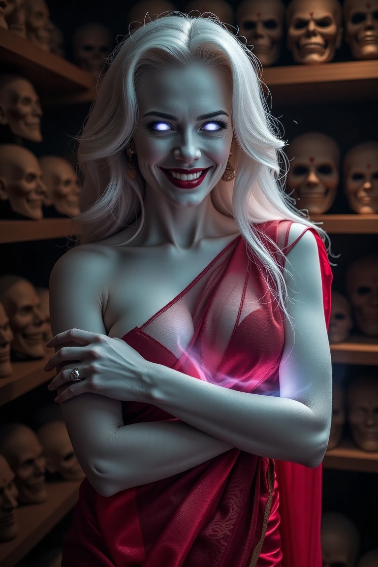 extreme close up raw photo taken by a telephoto lens of highest quality shows lady death smiling seductively. Her eyes are...