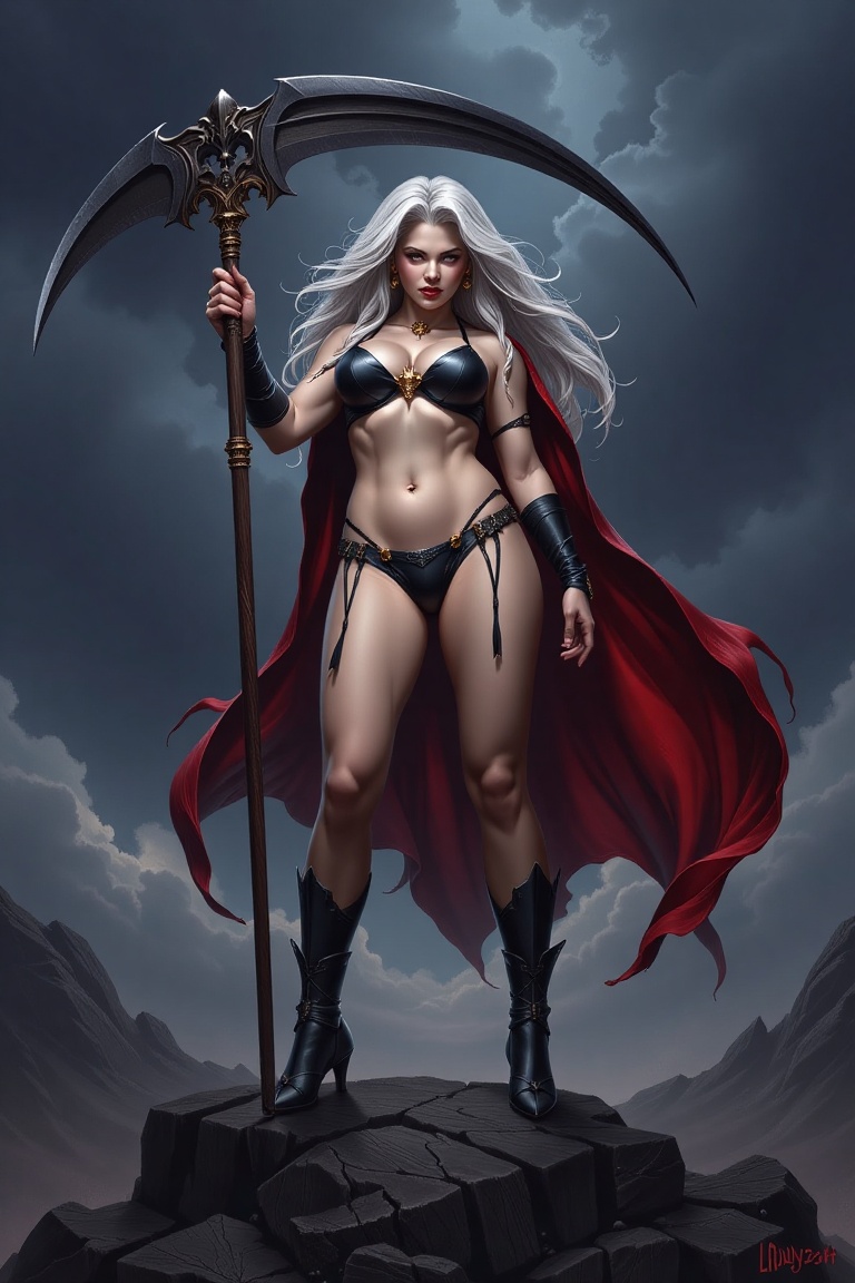 L@dyD3@th The image depicts Lady Death standing on a dark rocky surface. She is dressed in a black outfit including a blac...