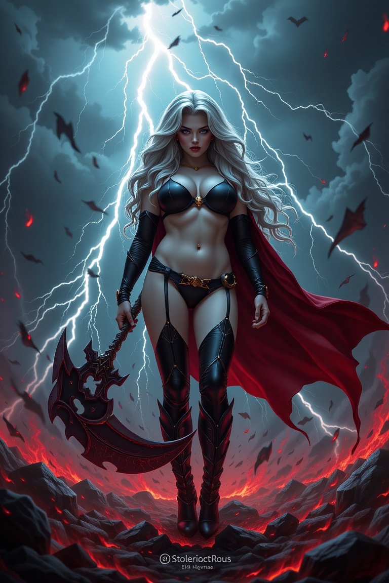 raw photo taken in amazing 32K ultra-high resolution and highest quality,  The image depicts Lady Death standing amidst a...