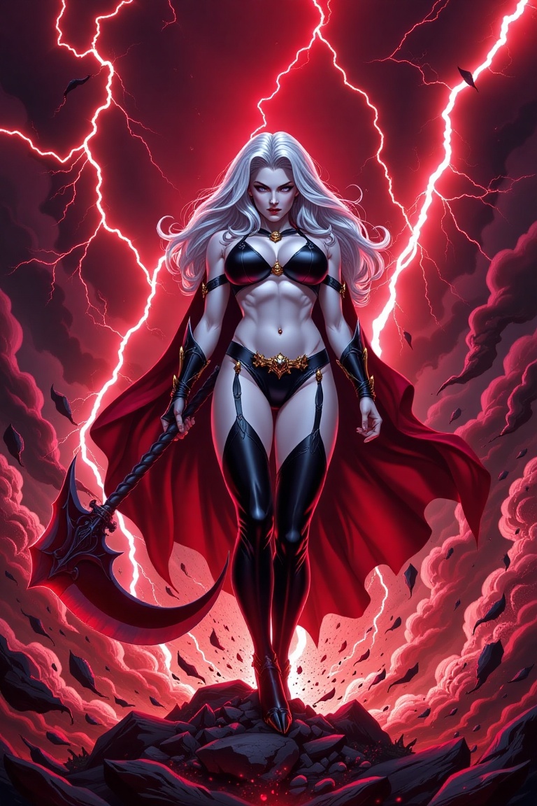 Expressed in amazing 32K ultra-high resolution and highest quality,  The image depicts Lady Death standing amidst a chaoti...