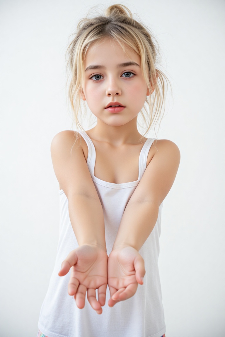 A young girl with piercing blue eyes and tousled blonde hair stands out against a crisp white backdrop,  her defiant gaze...
