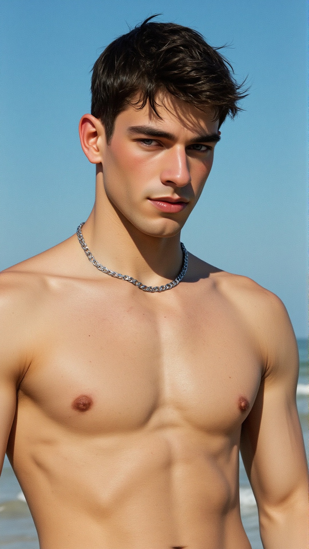 a young athletic man with dark swept-back hair,  defined cheekbones and strong jawline,  striking features with intense ga...