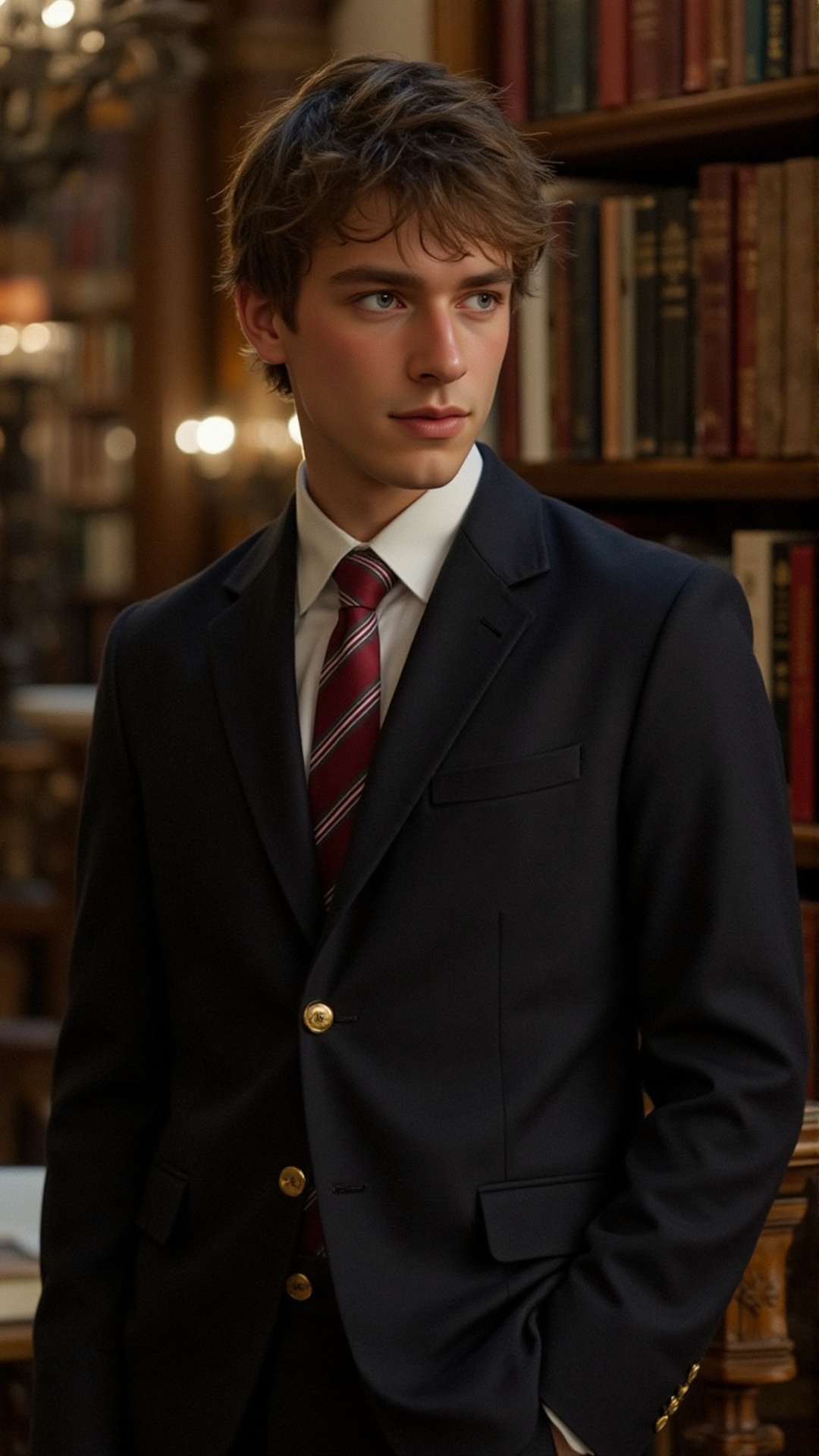 A young man in a school uniform,  standing confidently inside a grand library. He wears a dark navy blazer with gold butto...