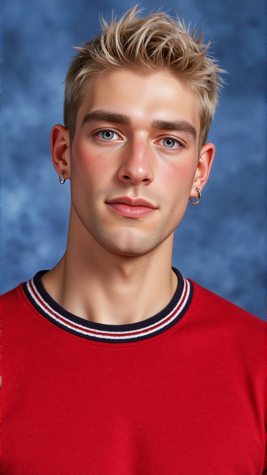 Senior High School Yearbook Photo: A portrait image of a handsome male model with bleached hair and defined jawline,  posi...