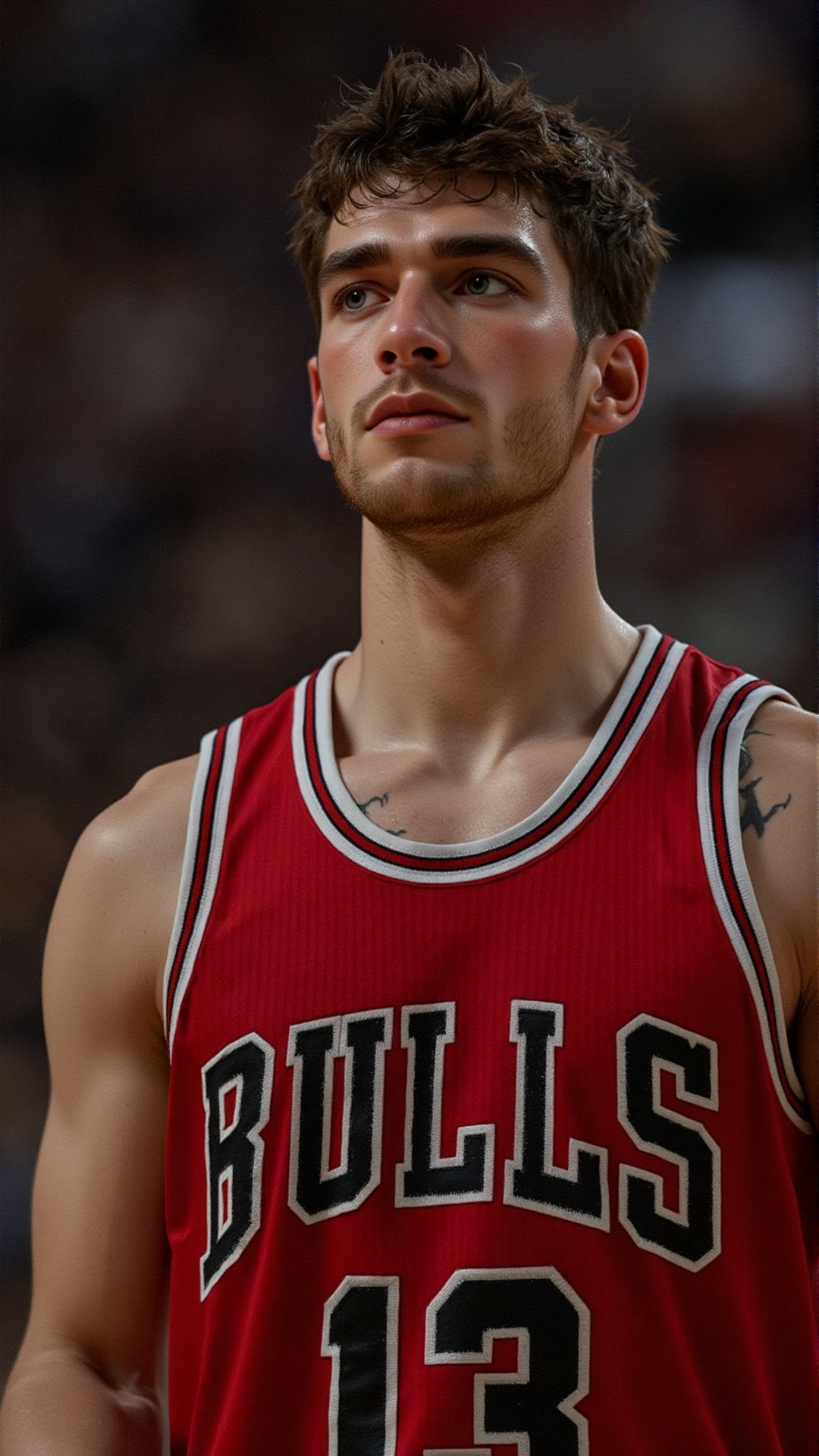 A stunning shot of a 20-year-old Caucasian basketball player,  drenched in sweat,  wearing a red Chicago Bulls NBA jersey...