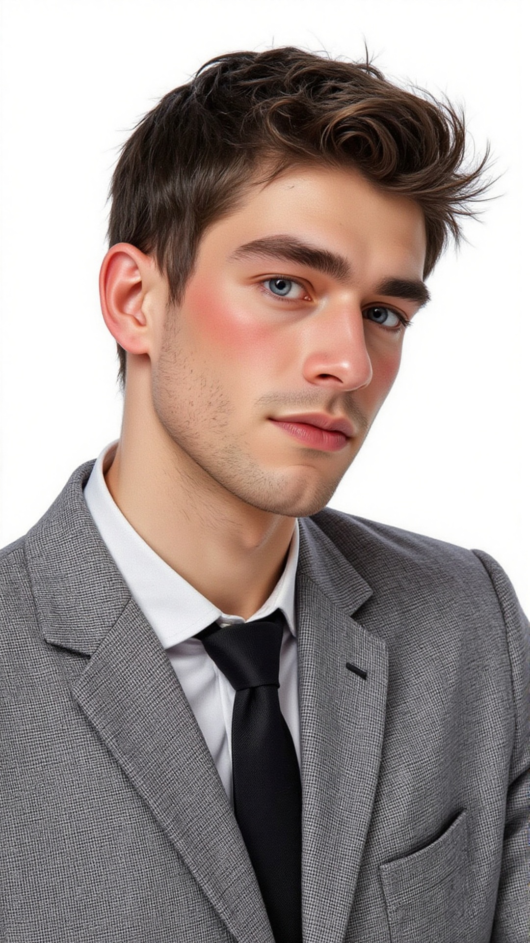 an ID photo of a young man dressed in formal business attire. He has short dark hair,  thick eyebrows,  blushed cheeks on...